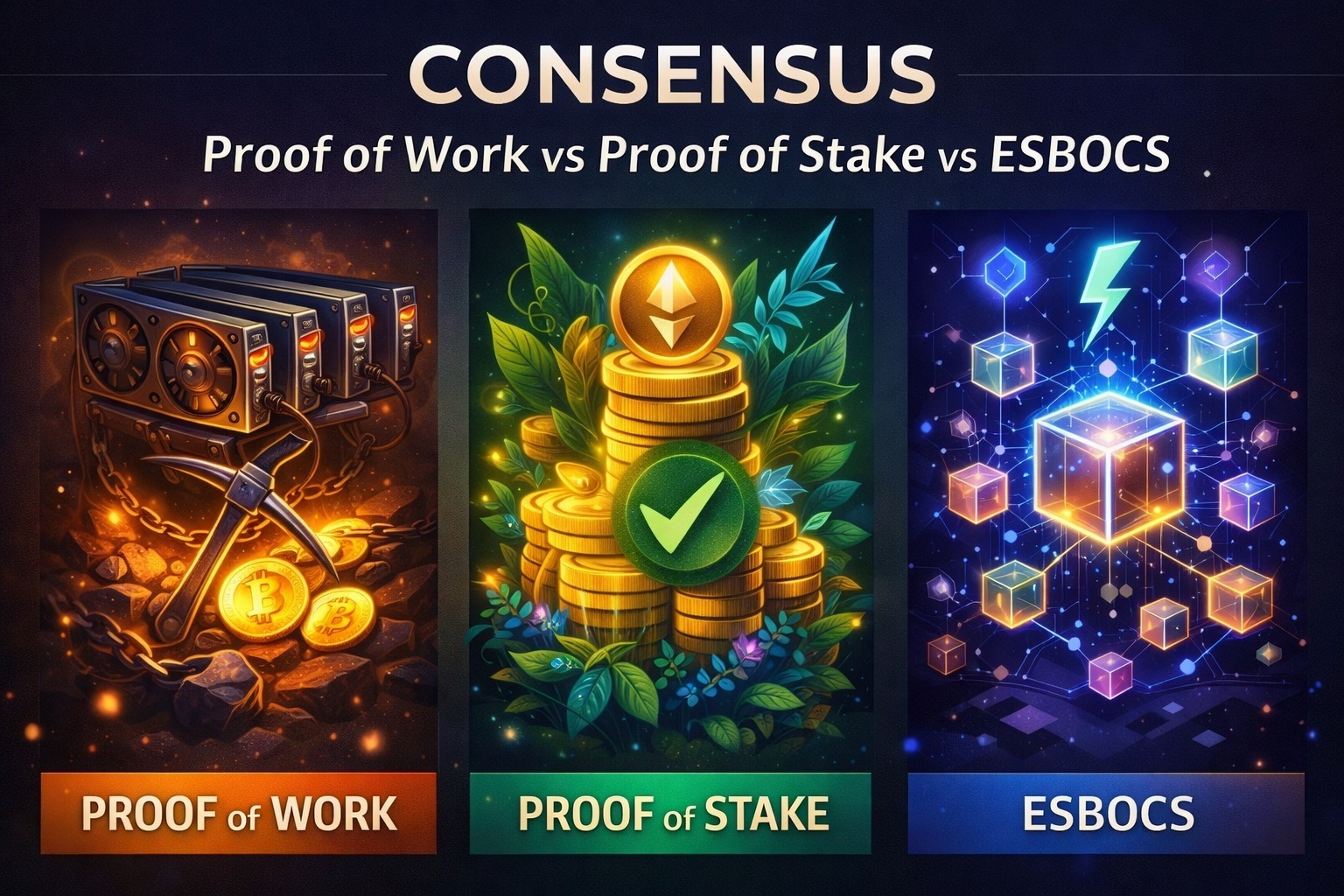 Cover image for Consensus: Proof of Work vs Proof of Stake vs ESBOCS